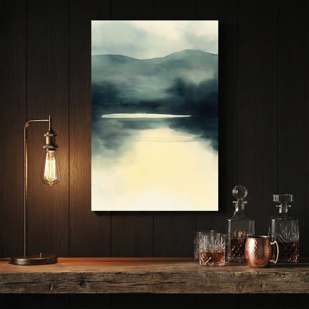 Minimalist mountain landscape with misty lake reflection in grey-blue