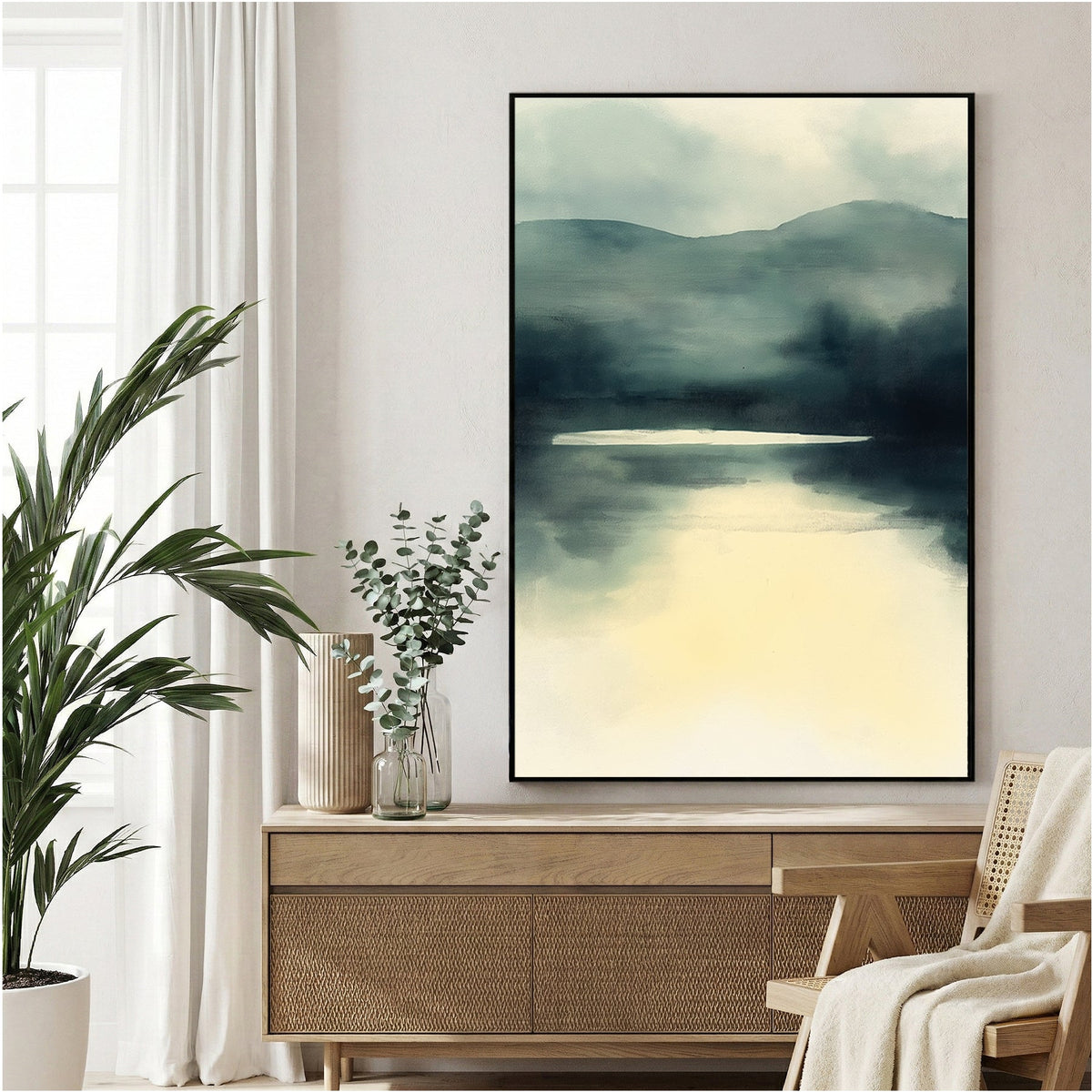 Minimalist mountain landscape with misty lake reflection in grey-blue