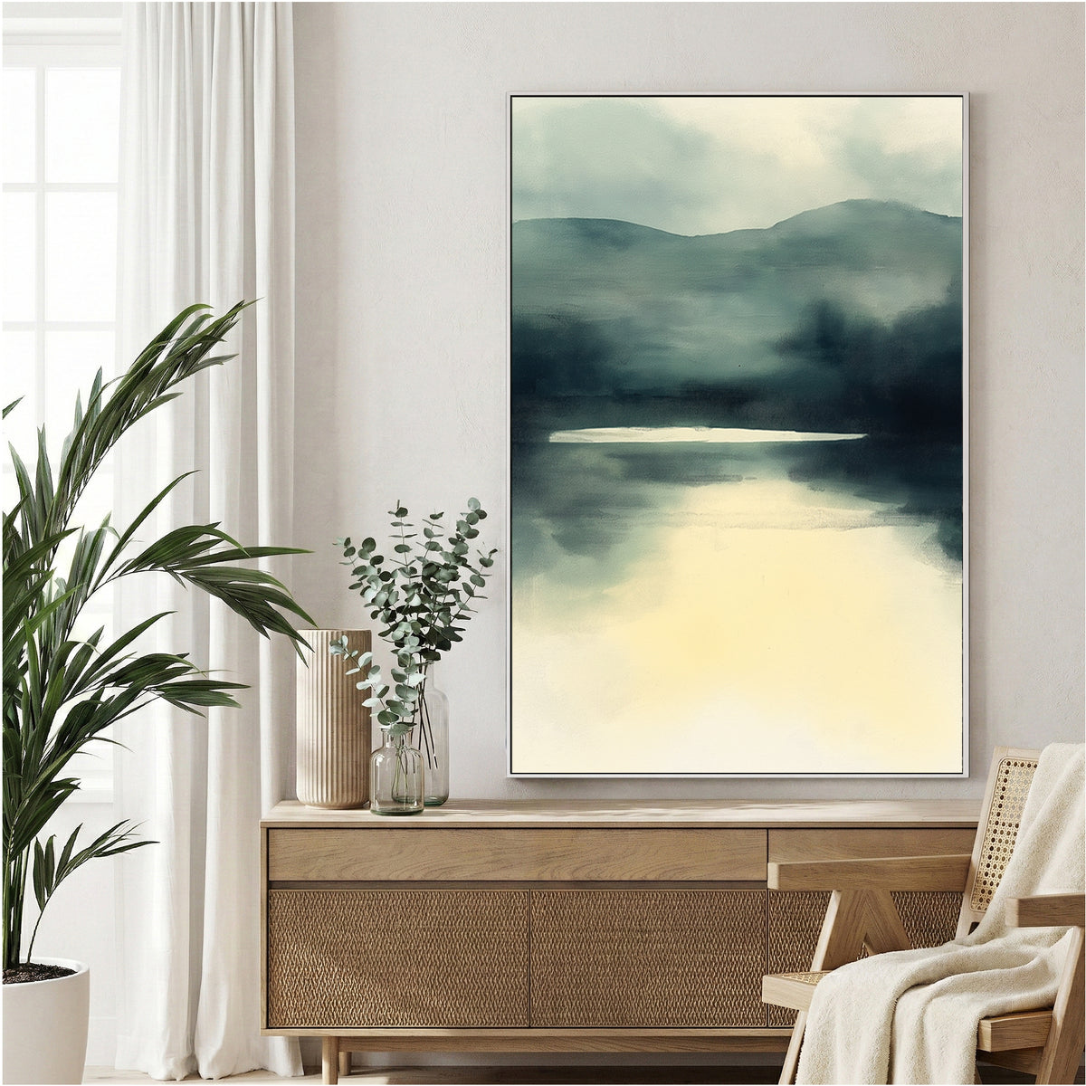 Minimalist mountain landscape with misty lake reflection in grey-blue