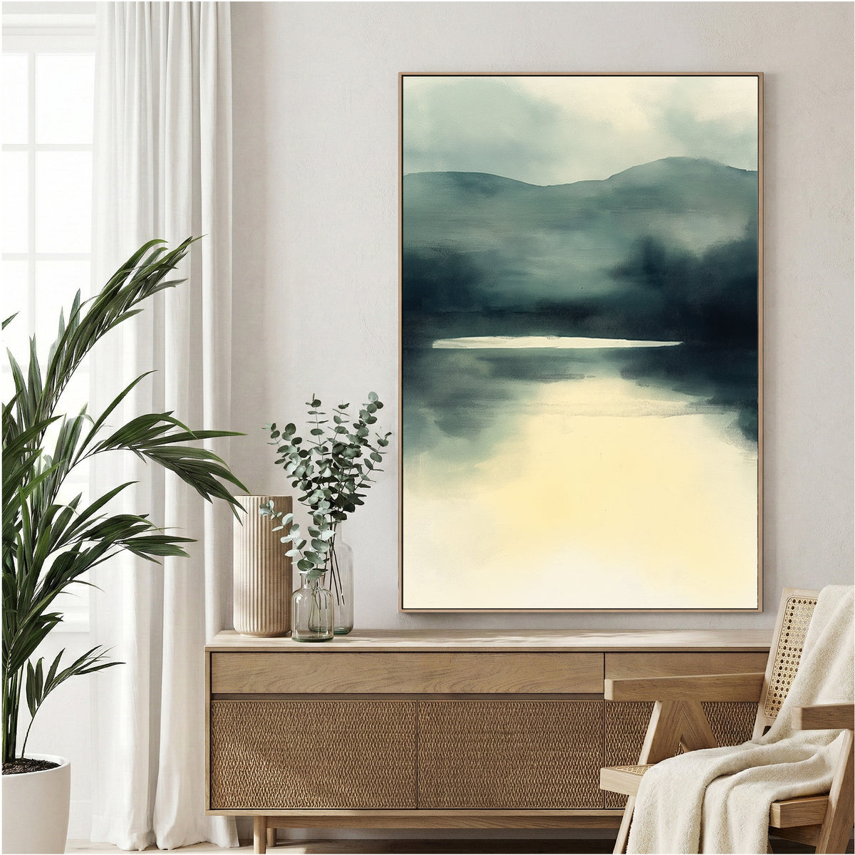 Minimalist mountain landscape with misty lake reflection in grey-blue