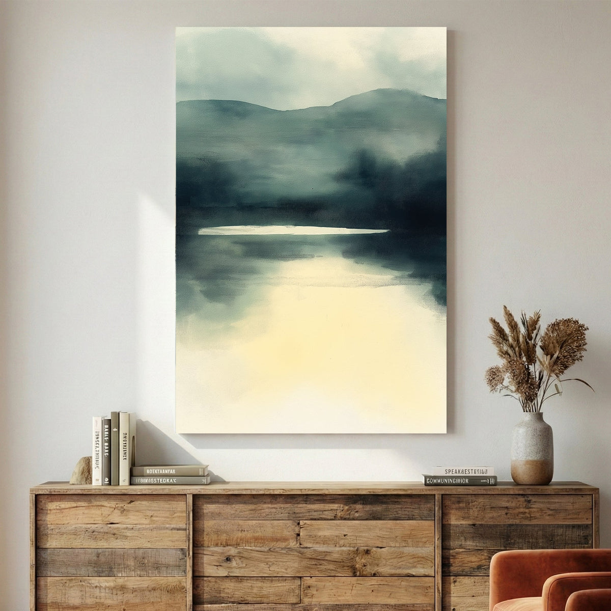 Minimalist mountain landscape with misty lake reflection in grey-blue