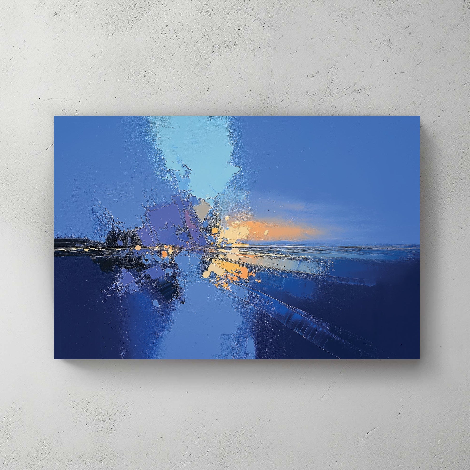 Abstract mixed media composition in blue, orange and cream