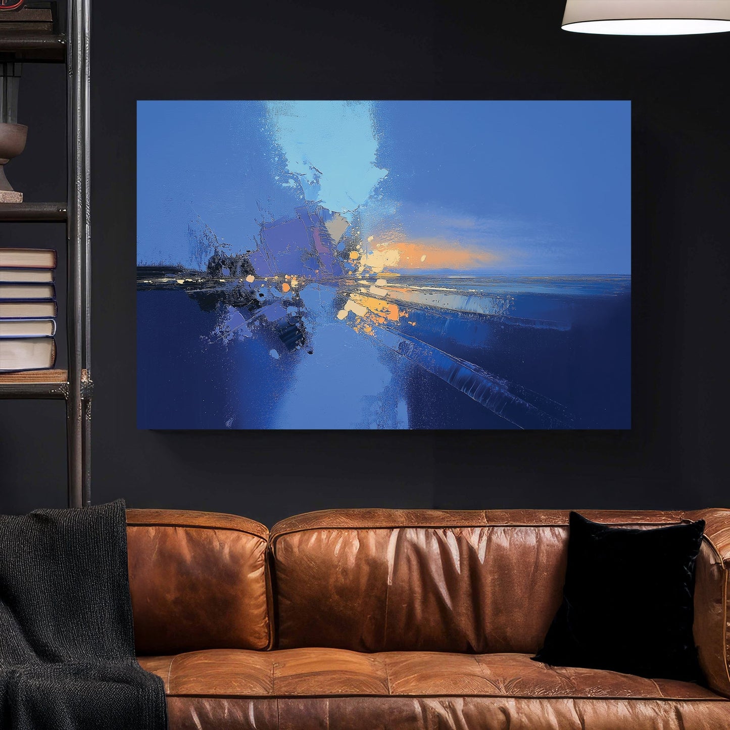 Abstract mixed media composition in blue, orange and cream