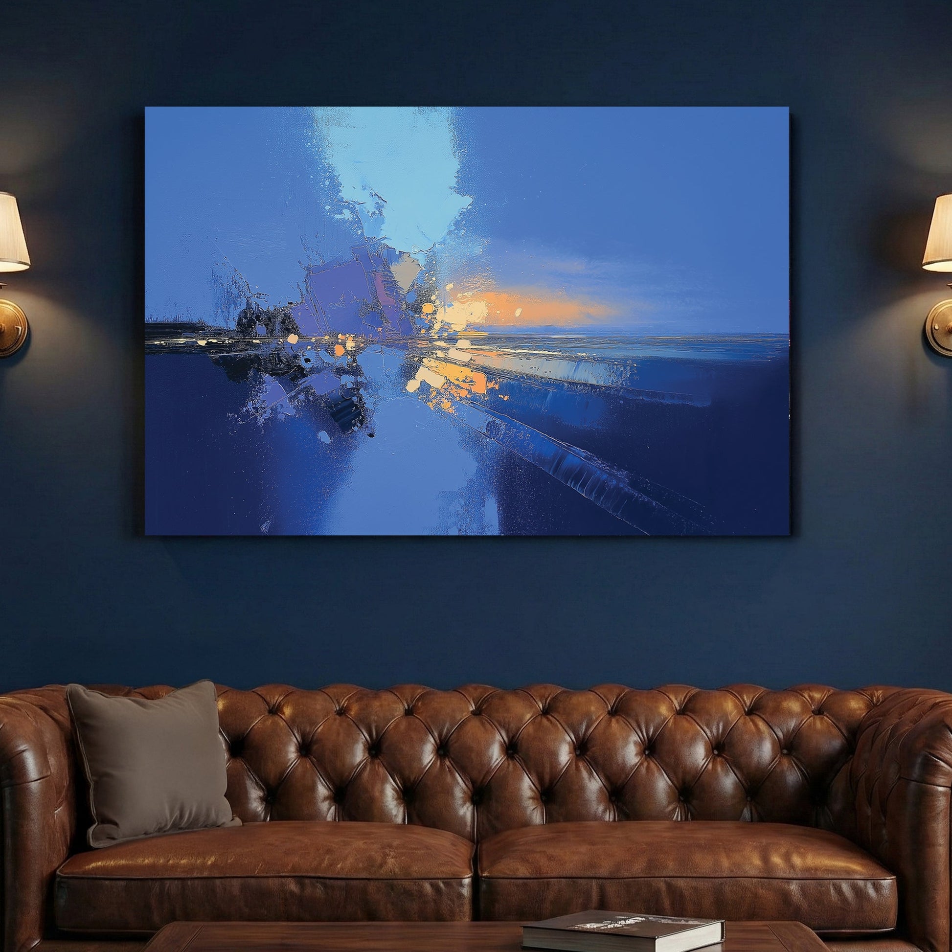 Abstract mixed media composition in blue, orange and cream