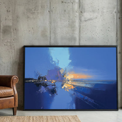 Abstract mixed media composition in blue, orange and cream