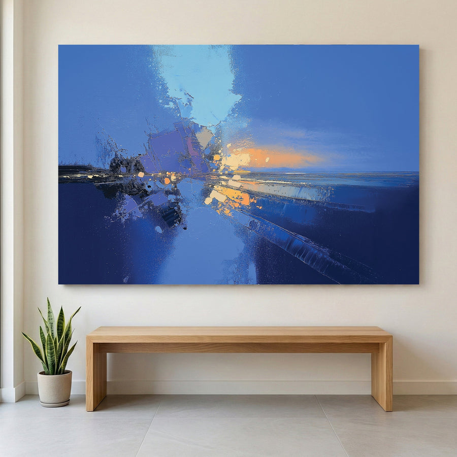 Abstract mixed media composition in blue, orange and cream
