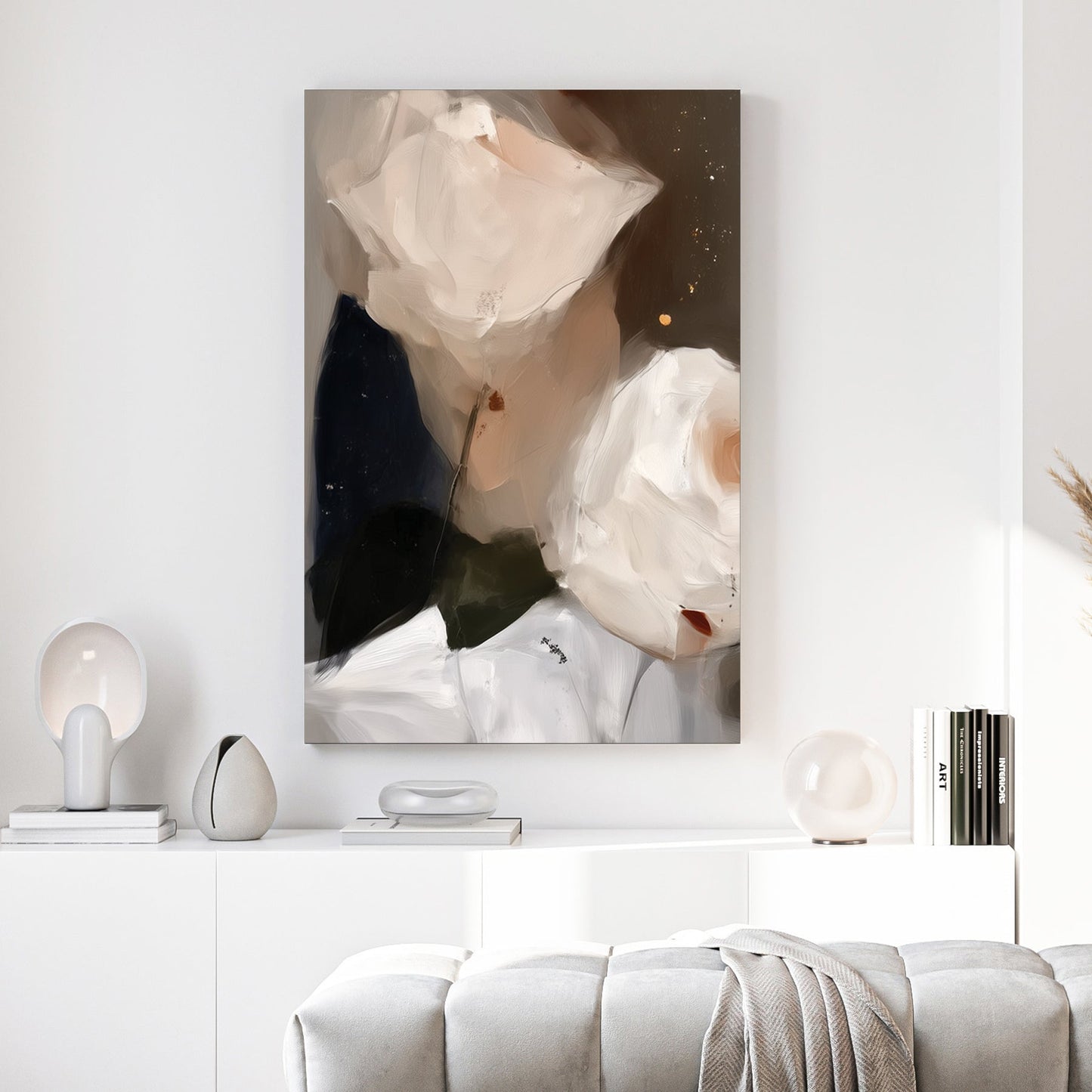 Watercolour painting of soft white roses with peach accents