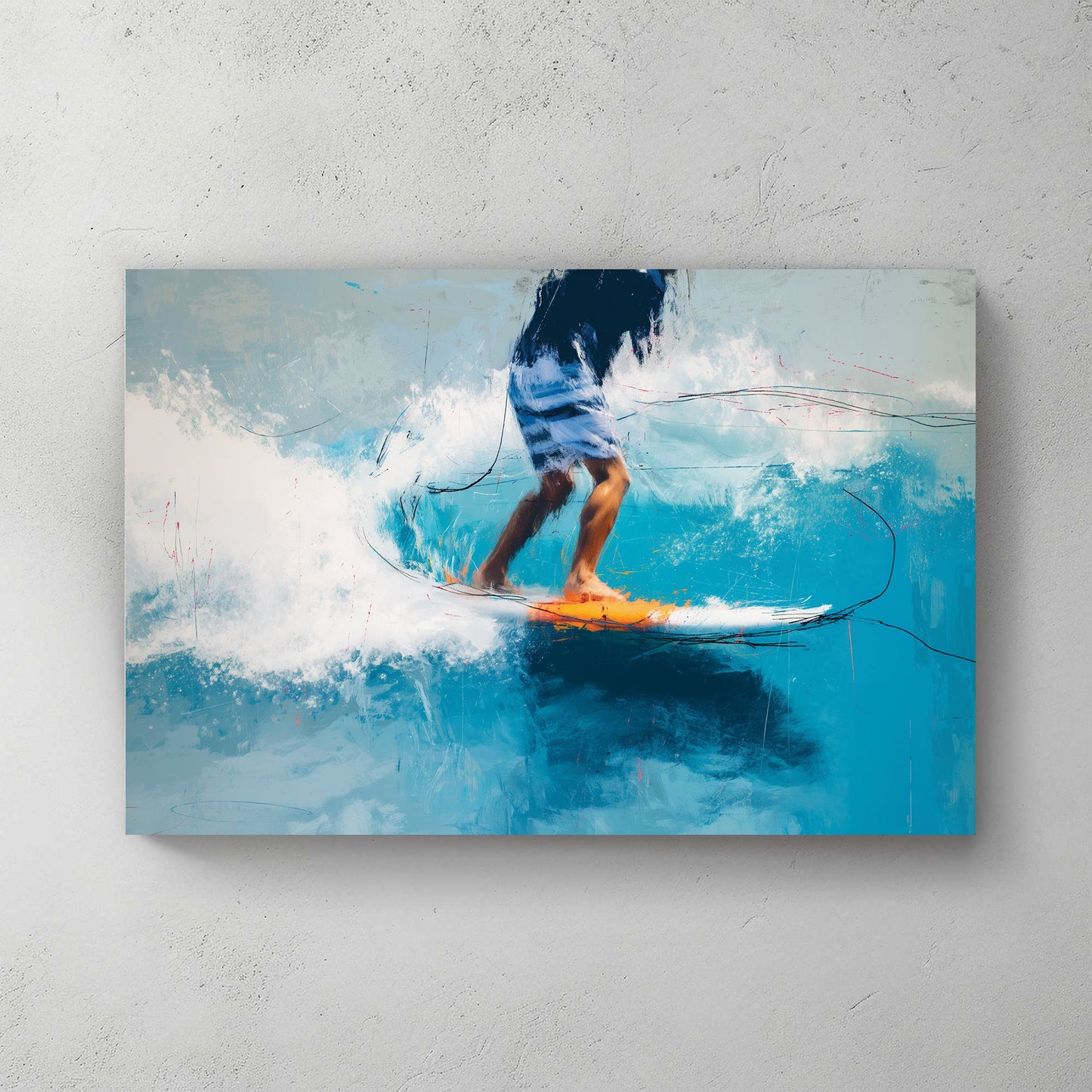 Surfer riding a wave with turquoise water and orange accents