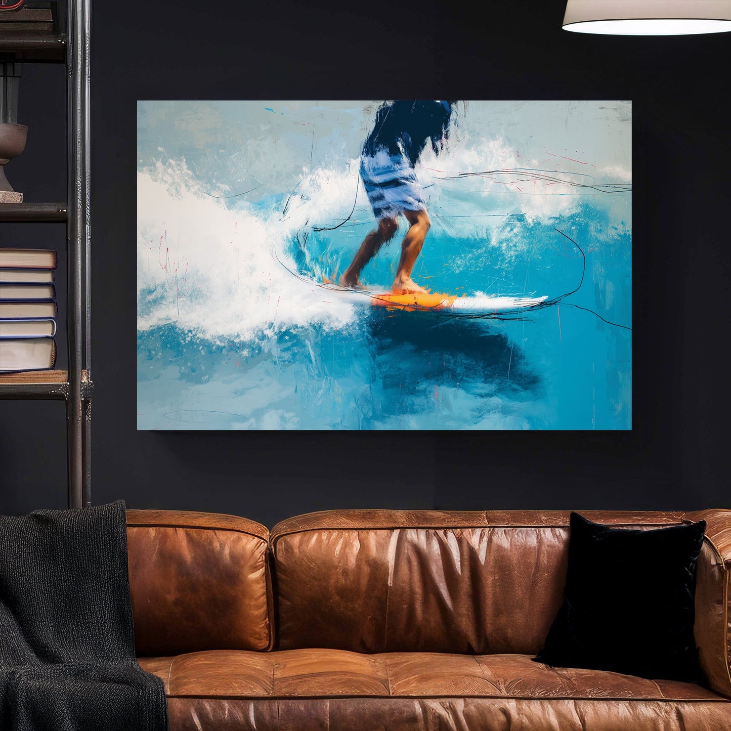 Surfer riding a wave with turquoise water and orange accents