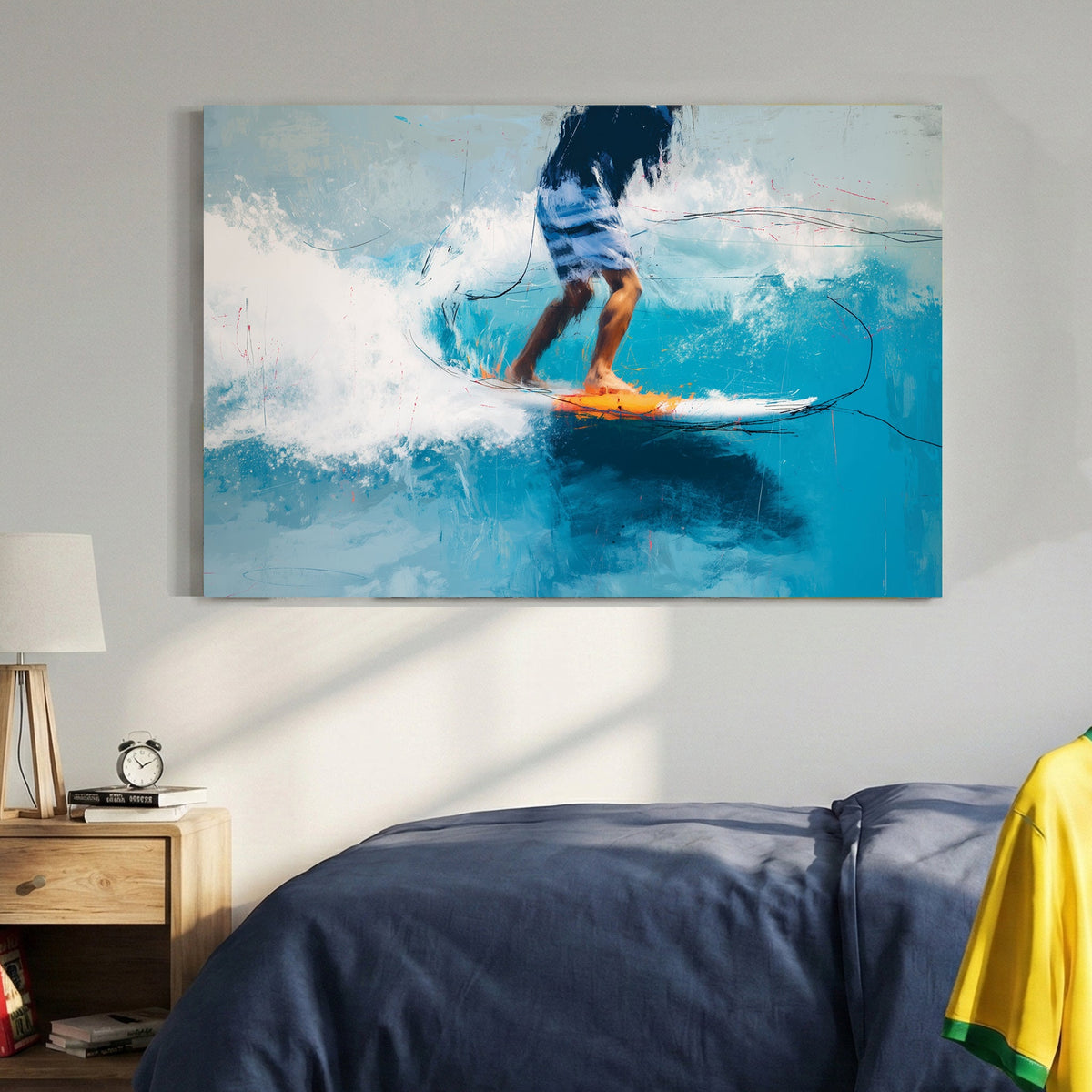 Surfer riding a wave with turquoise water and orange accents