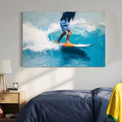 Surfer riding a wave with turquoise water and orange accents