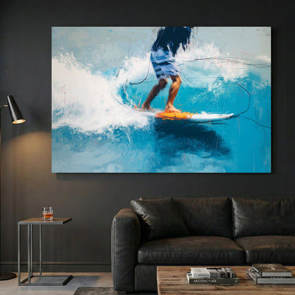 Surfer riding a wave with turquoise water and orange accents