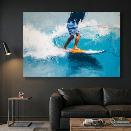 Surfer riding a wave with turquoise water and orange accents