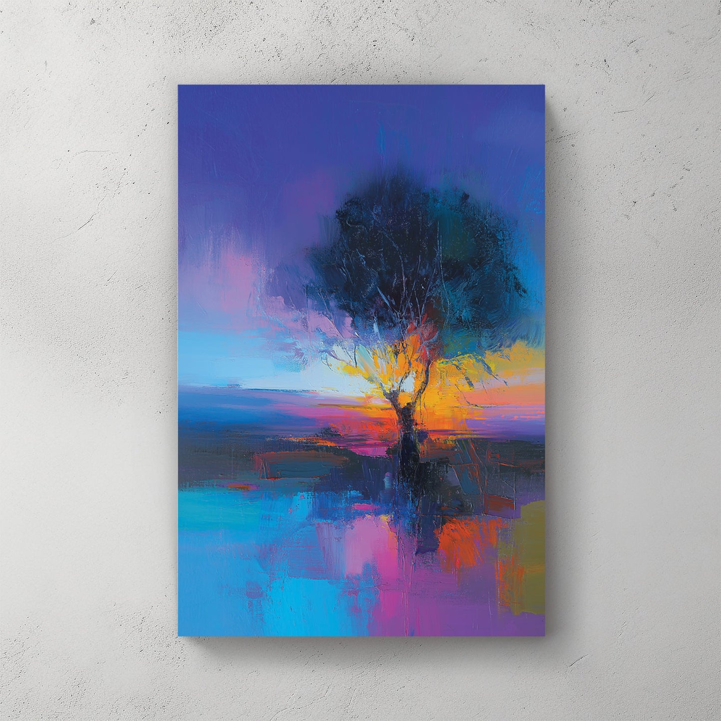 Watercolour painting of tree reflected in water at sunset with vibrant colours