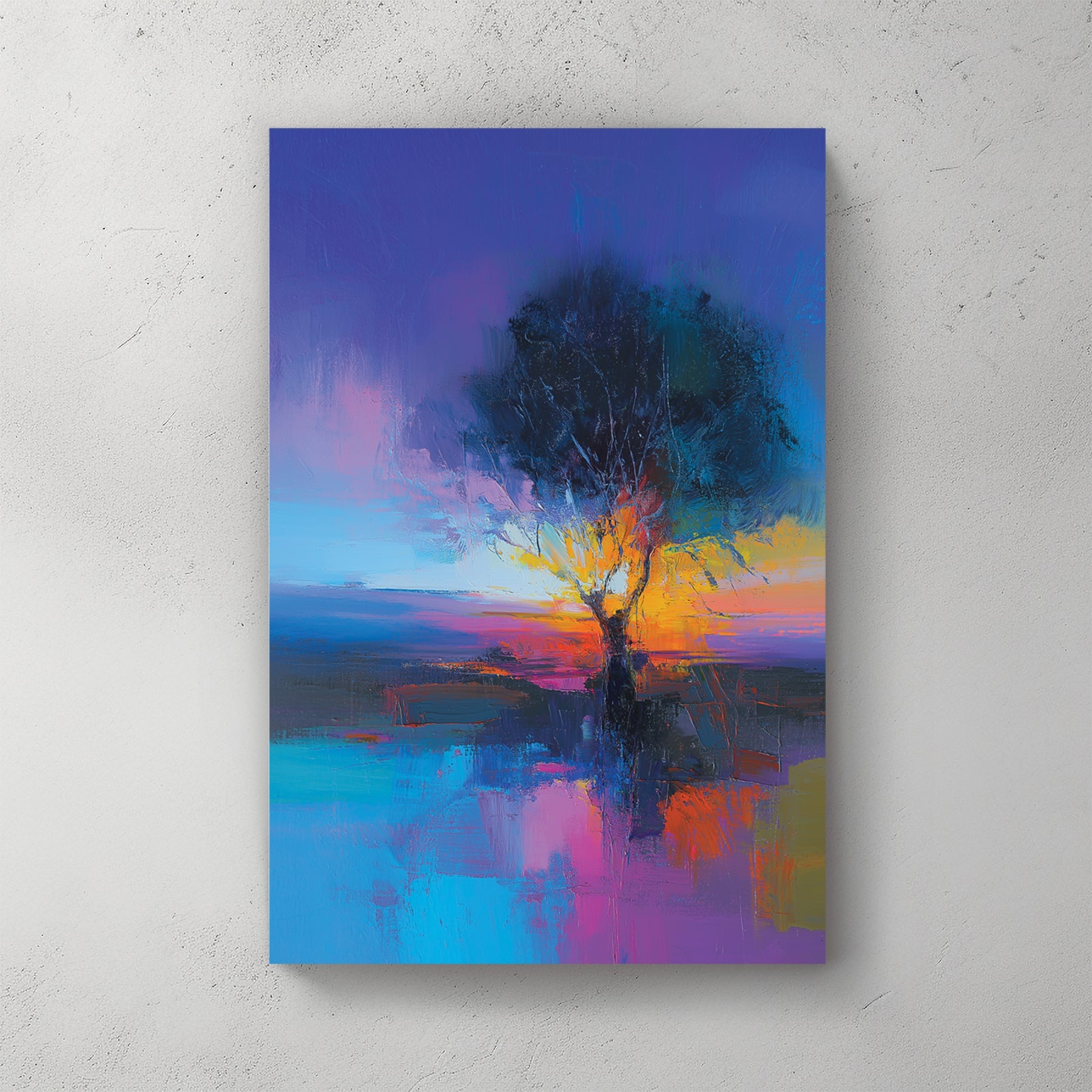 Watercolour painting of tree reflected in water at sunset with vibrant colours