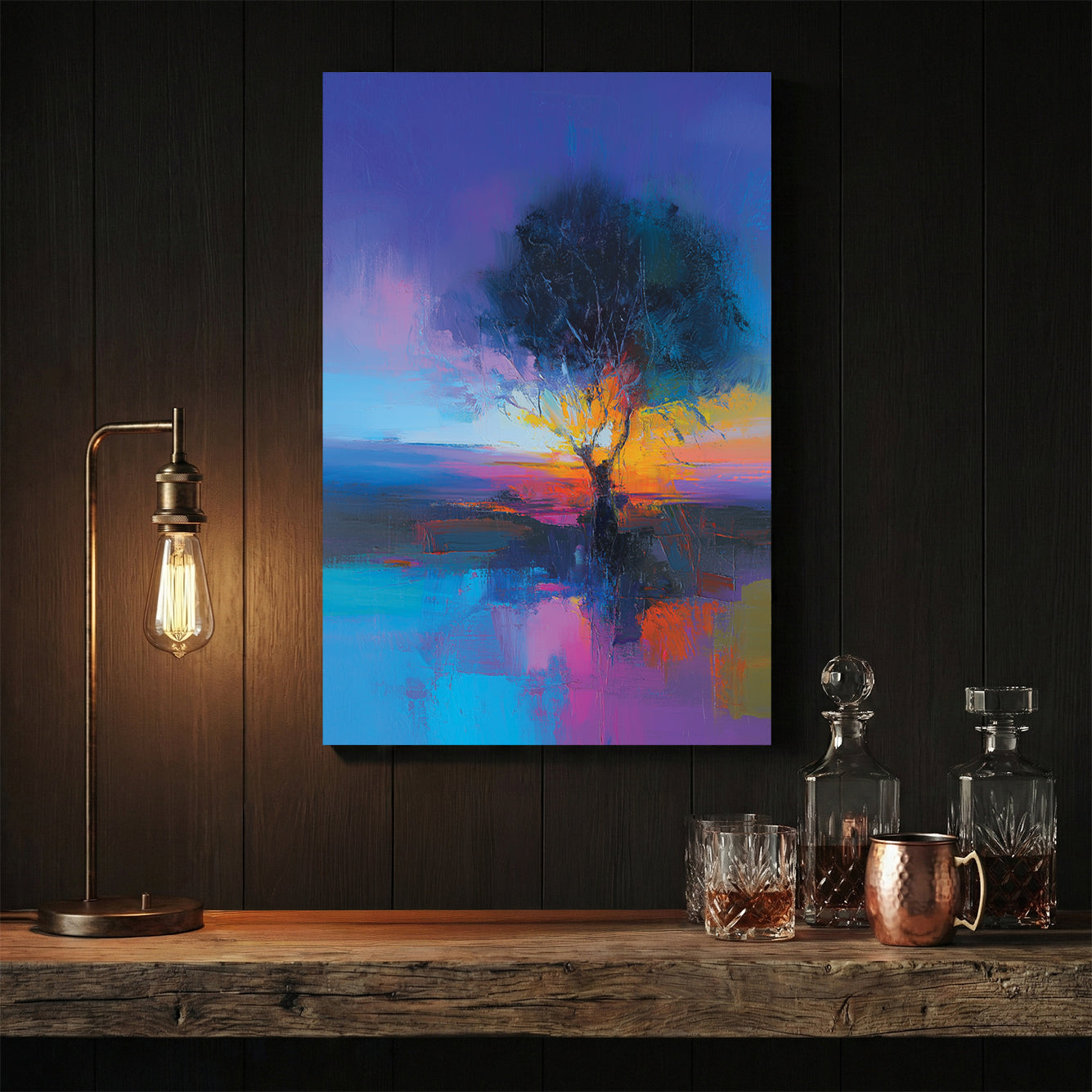 Watercolour painting of tree reflected in water at sunset with vibrant colours