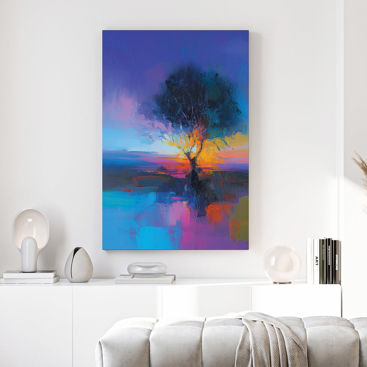 Watercolour painting of tree reflected in water at sunset with vibrant colours