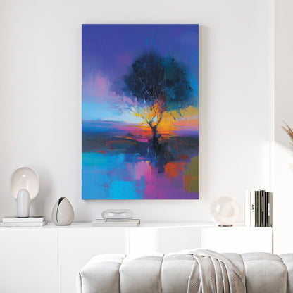 Watercolour painting of tree reflected in water at sunset with vibrant colours