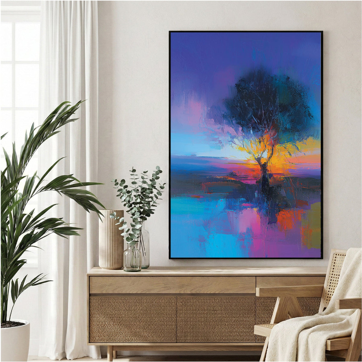 Watercolour painting of tree reflected in water at sunset with vibrant colours