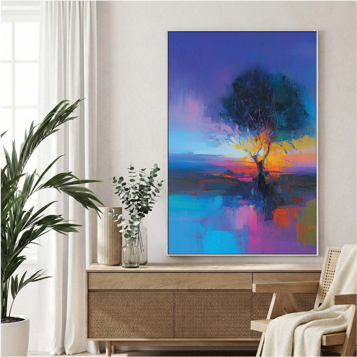 Watercolour painting of tree reflected in water at sunset with vibrant colours