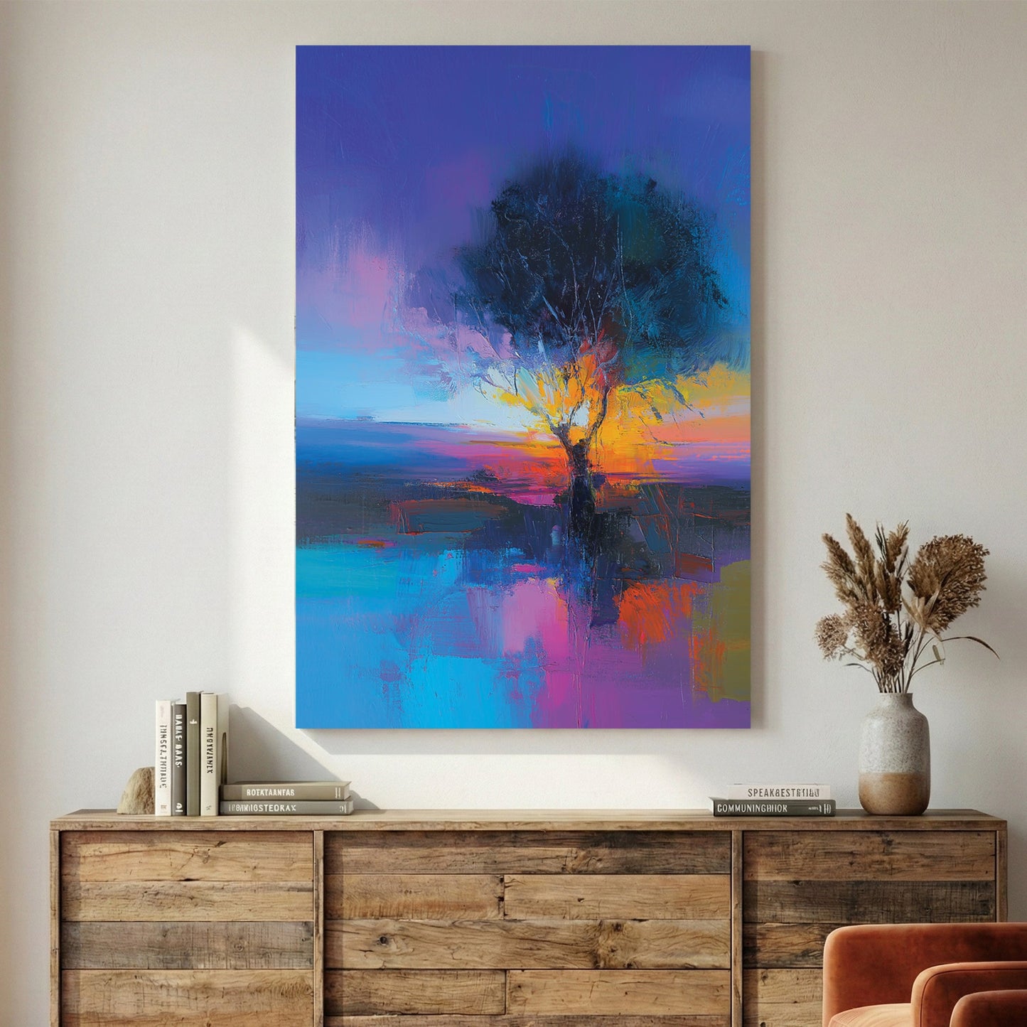 Watercolour painting of tree reflected in water at sunset with vibrant colours
