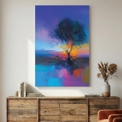 Watercolour painting of tree reflected in water at sunset with vibrant colours