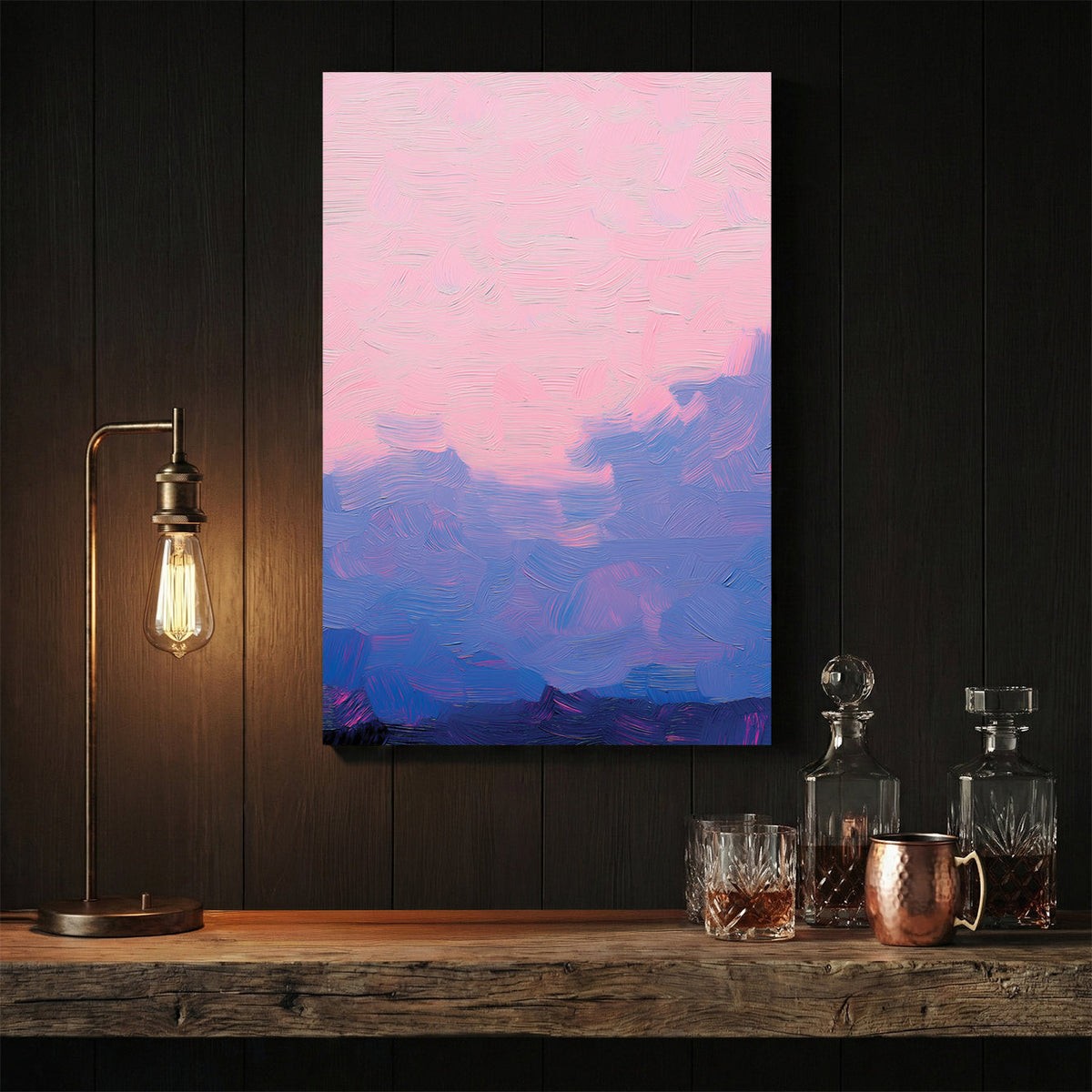 Mountain landscape watercolour wall art print in pink and blue tones