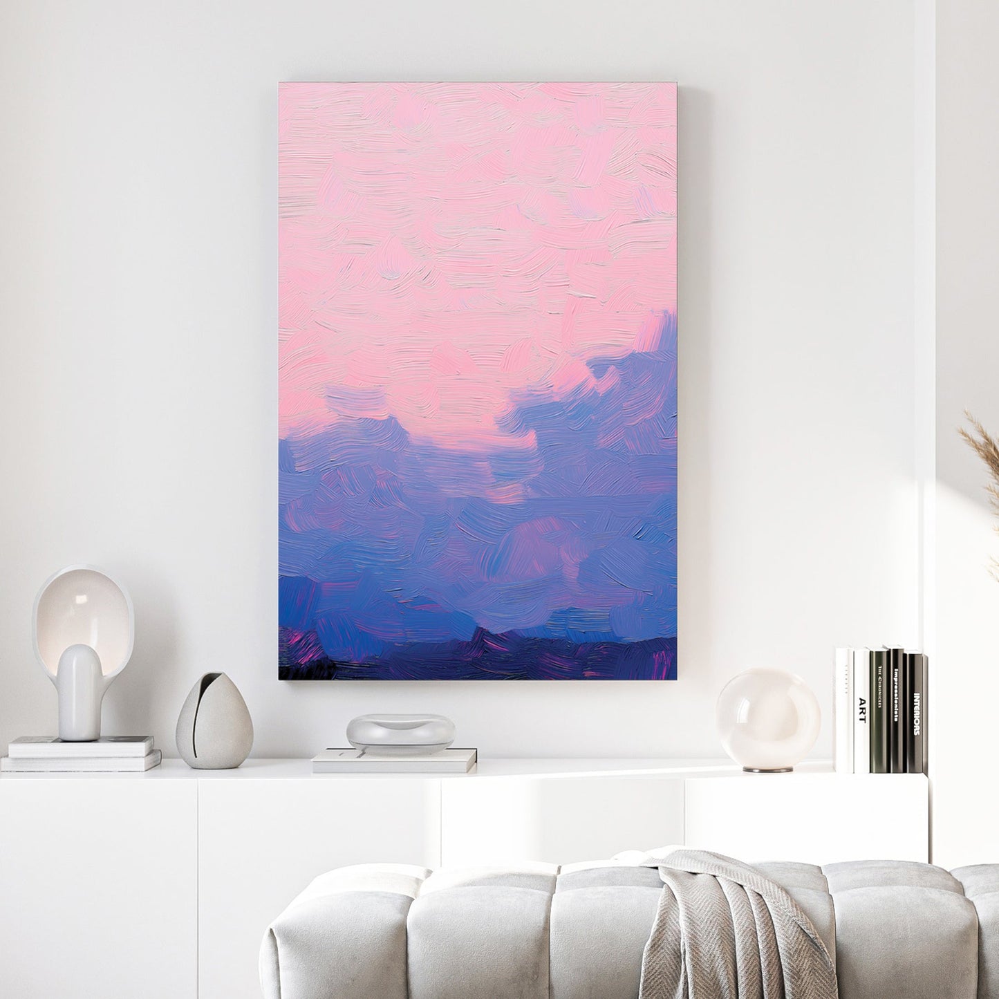 Mountain landscape watercolour wall art print in pink and blue tones