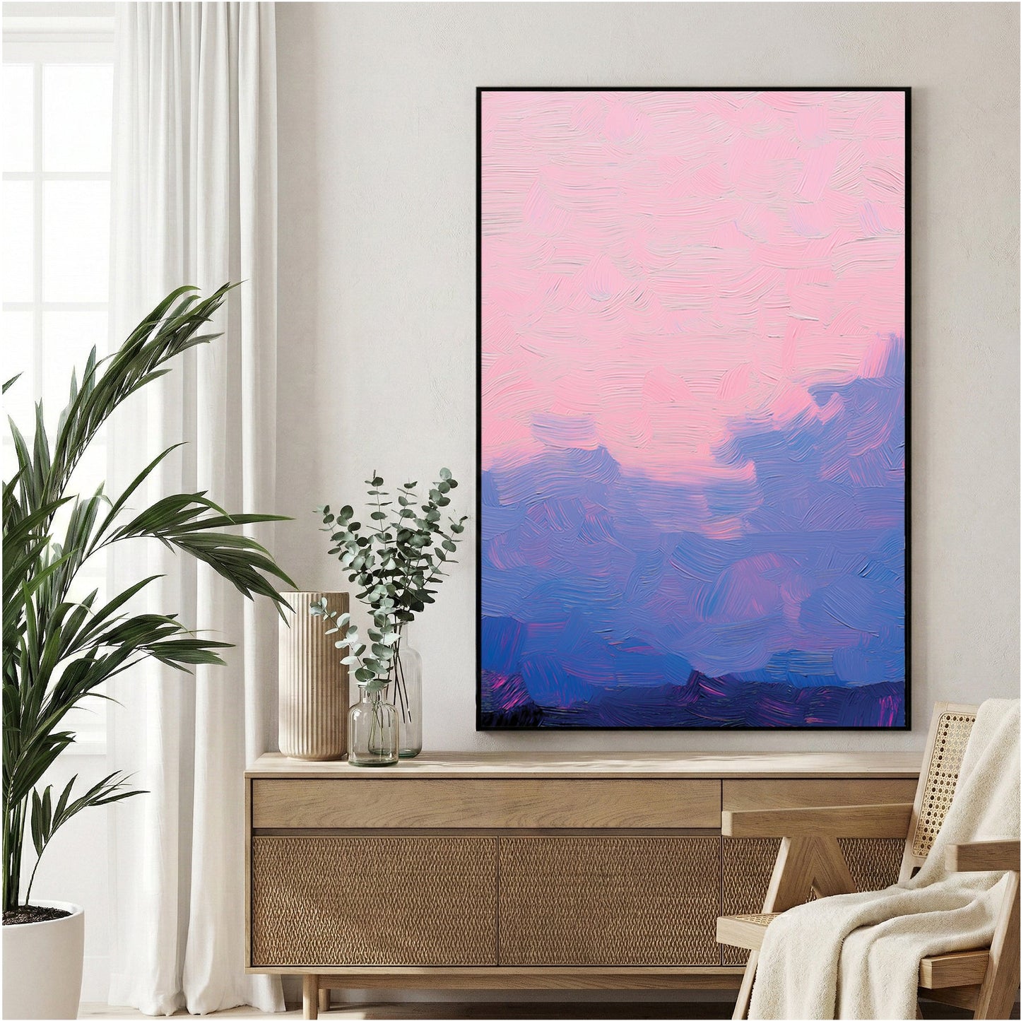 Mountain landscape watercolour wall art print in pink and blue tones