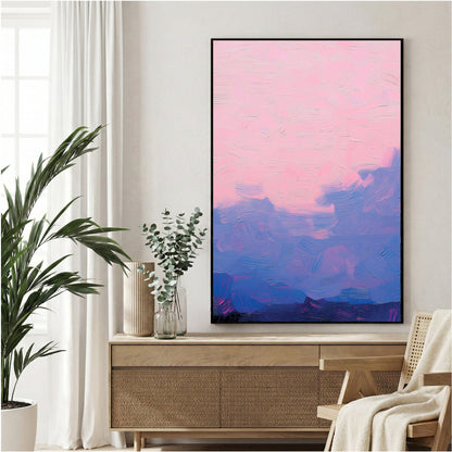 Mountain landscape watercolour wall art print in pink and blue tones
