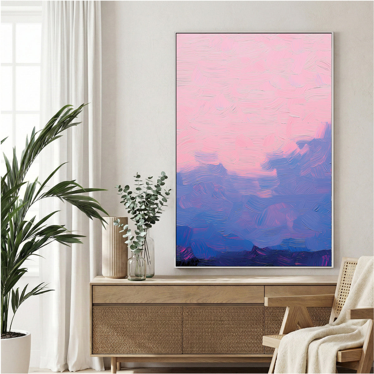 Mountain landscape watercolour wall art print in pink and blue tones