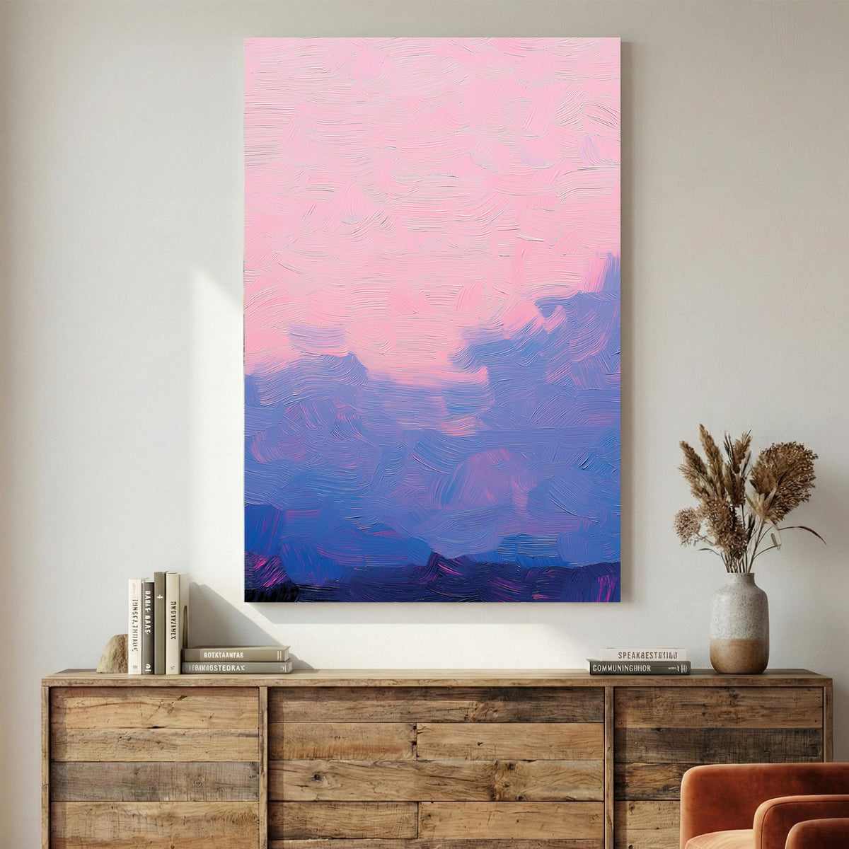 Mountain landscape watercolour wall art print in pink and blue tones