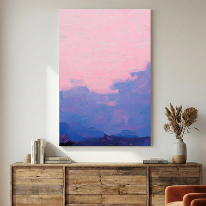 Mountain landscape watercolour wall art print in pink and blue tones