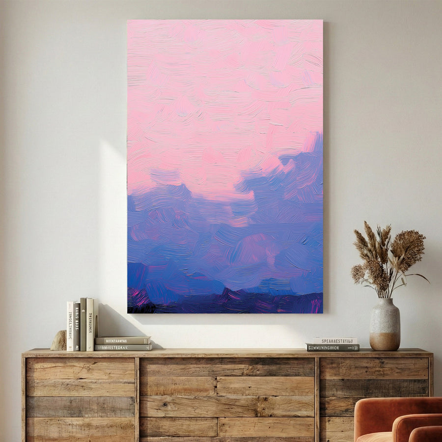 Mountain landscape watercolour wall art print in pink and blue tones