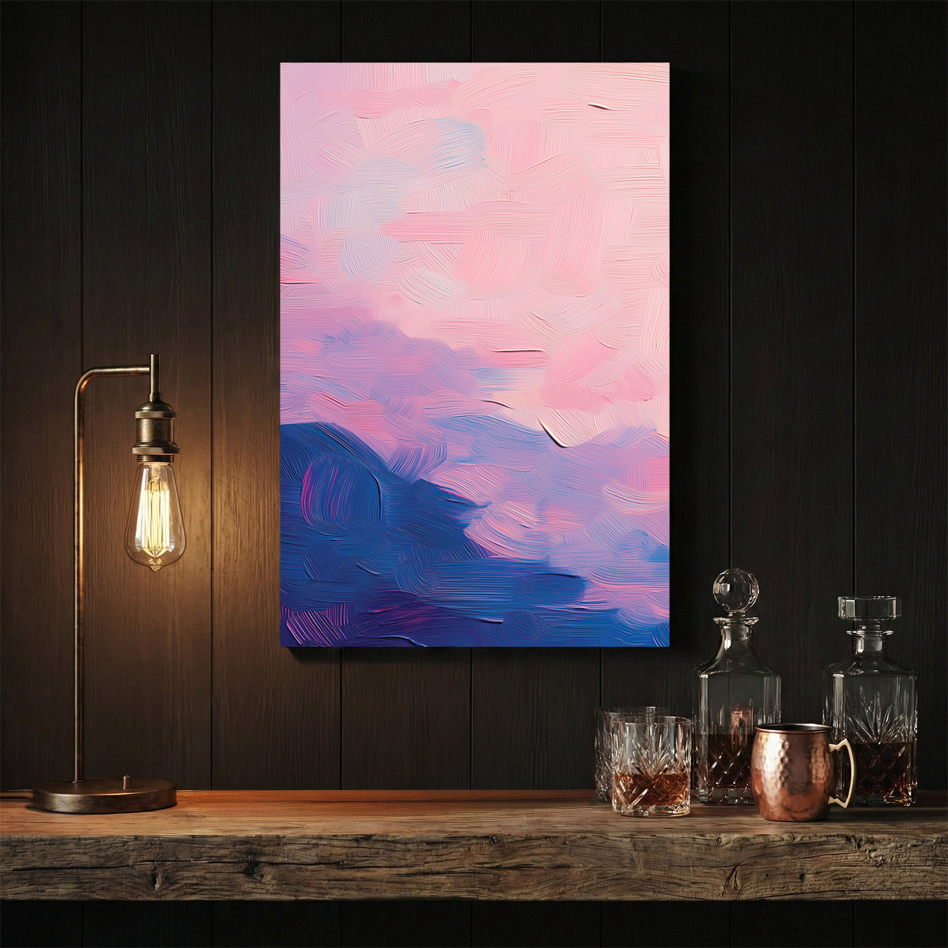 Abstract sunset watercolour landscape wall art in pink and blue