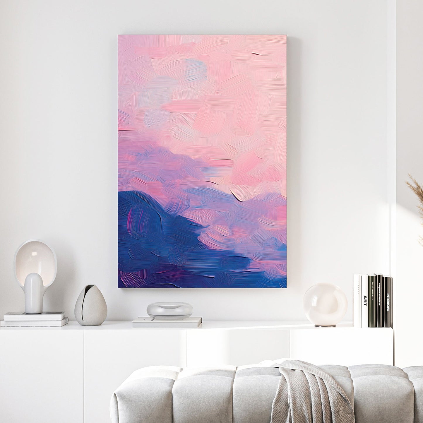 Abstract sunset watercolour landscape wall art in pink and blue