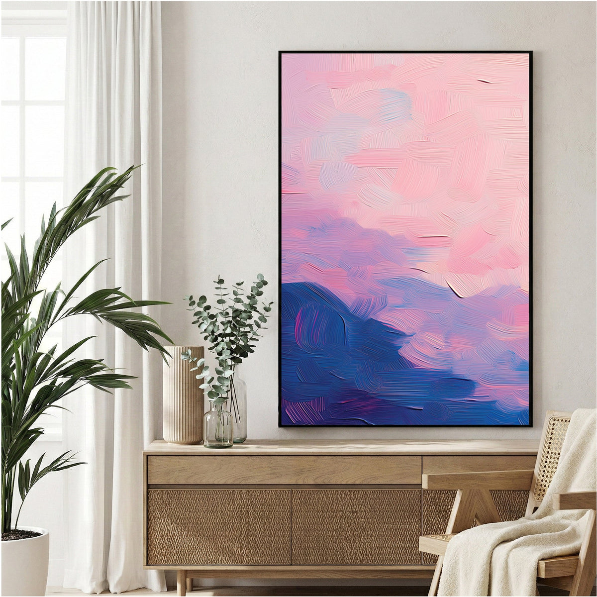 Abstract sunset watercolour landscape wall art in pink and blue