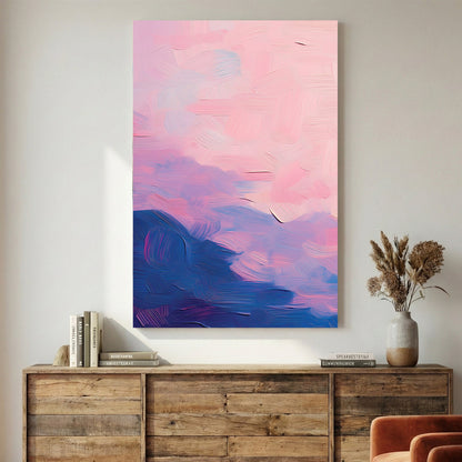 Abstract sunset watercolour landscape wall art in pink and blue