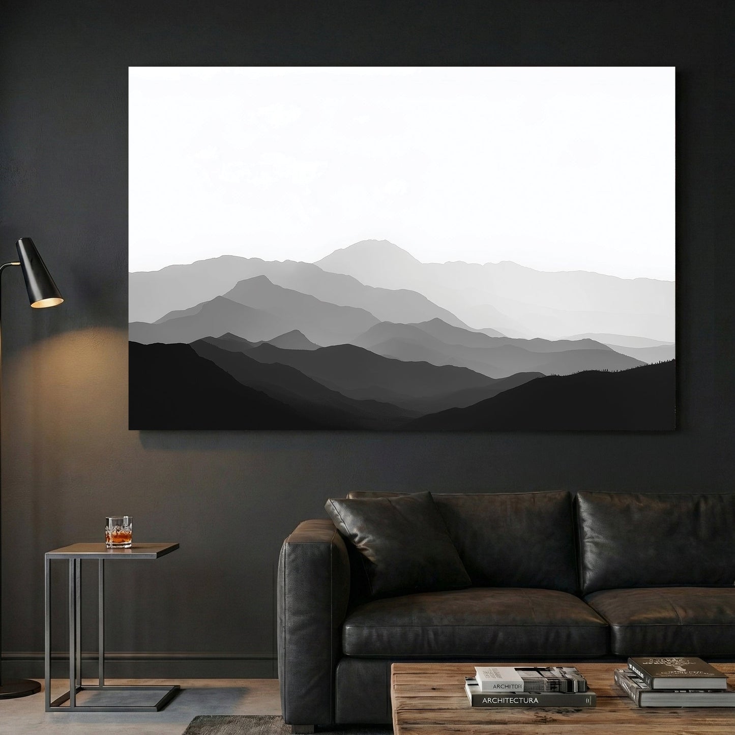 Mountain range minimal monochrome wall art in grey tones
