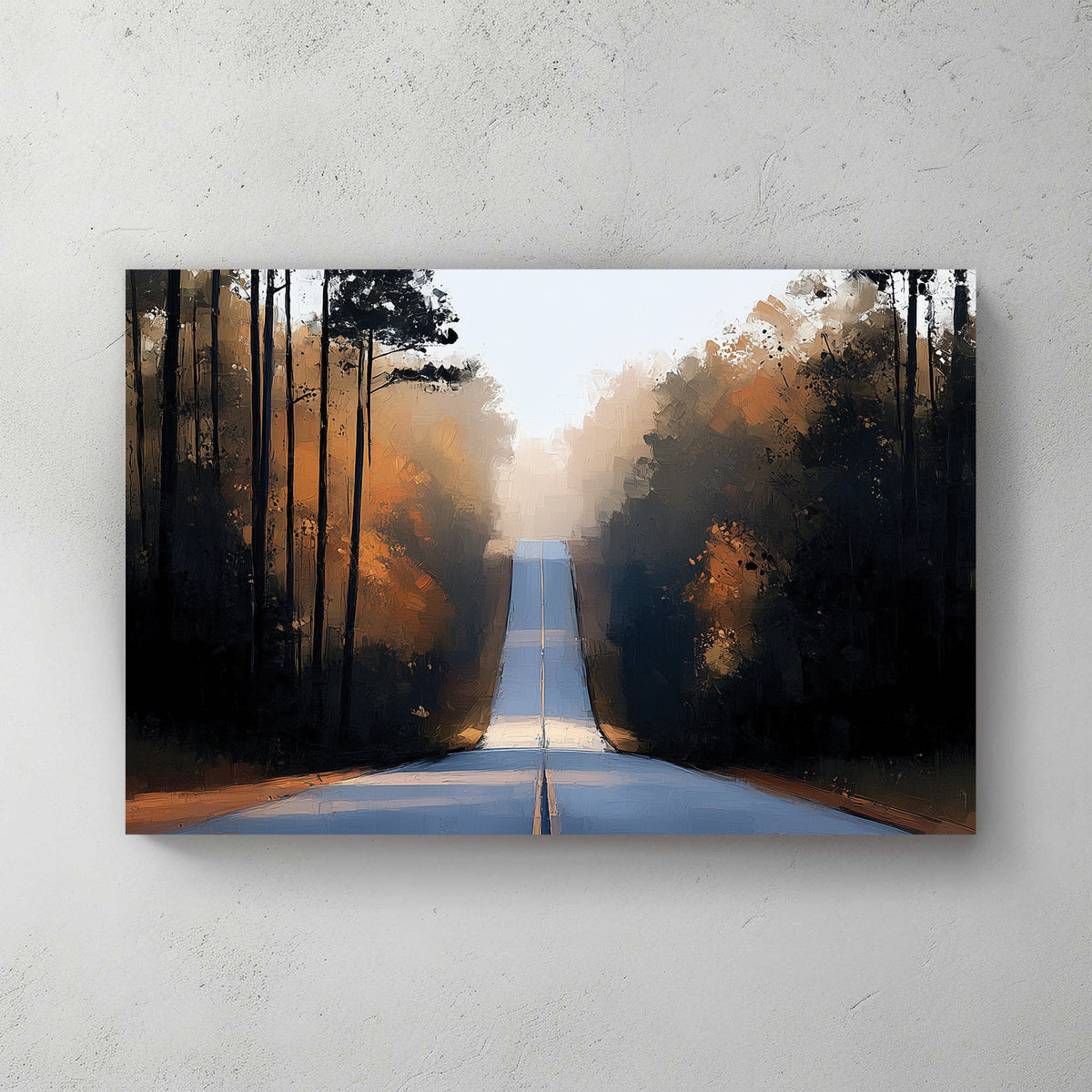 Forest road autumn landscape wall art with golden foliage