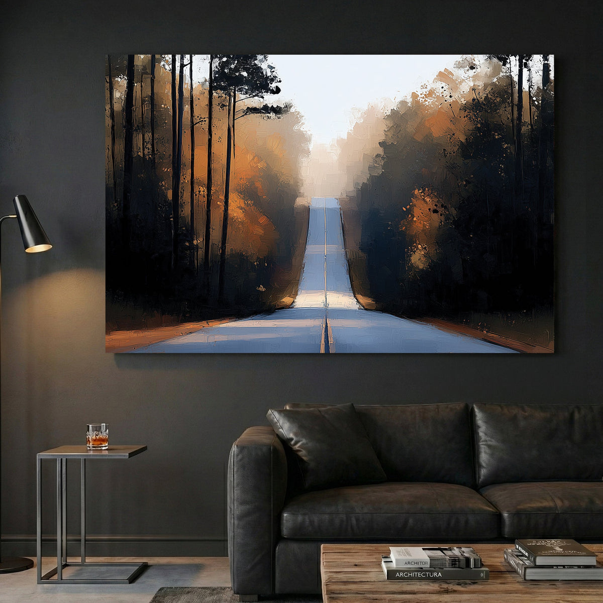 Forest road autumn landscape wall art with golden foliage