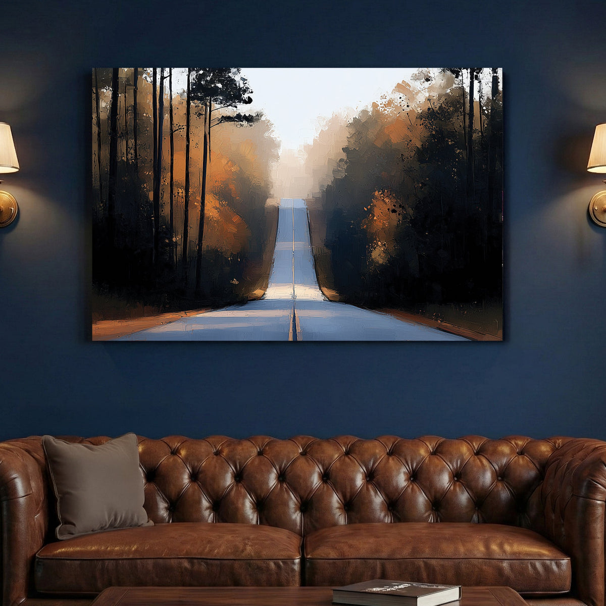Forest road autumn landscape wall art with golden foliage