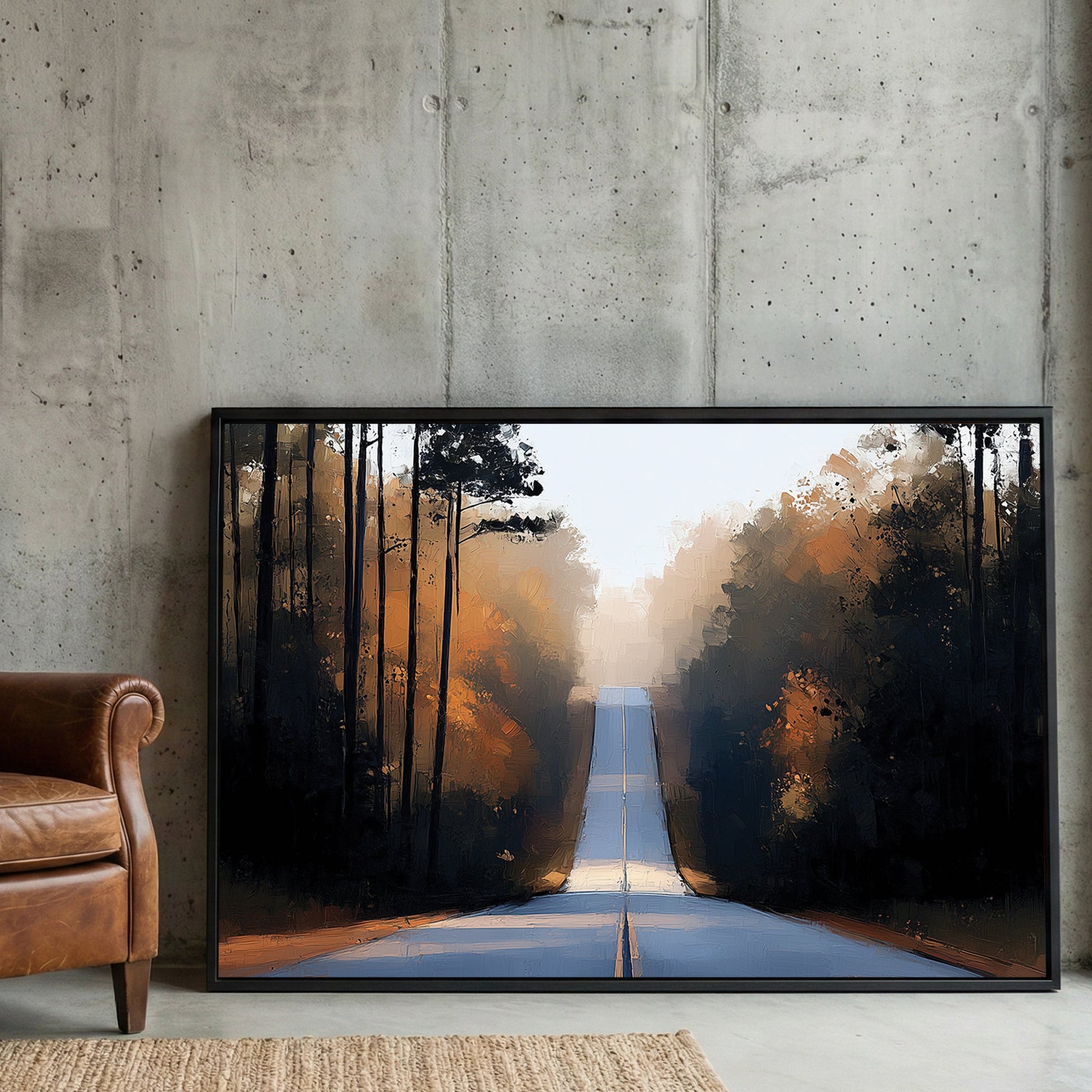 Forest road autumn landscape wall art with golden foliage