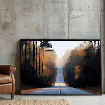 Forest road autumn landscape wall art with golden foliage