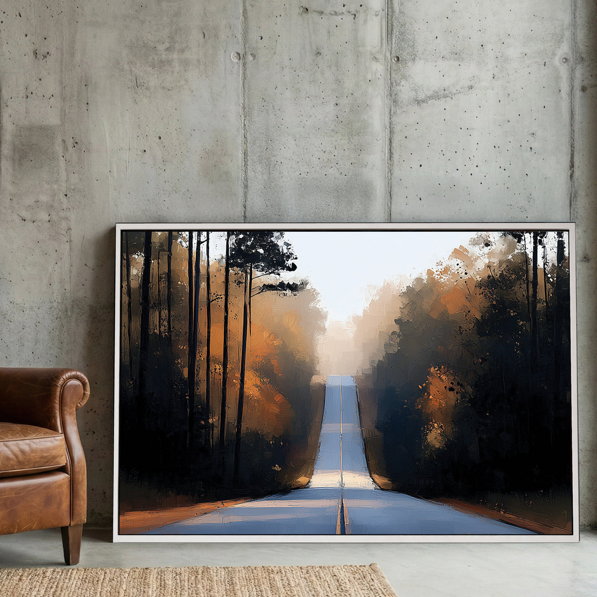 Forest road autumn landscape wall art with golden foliage