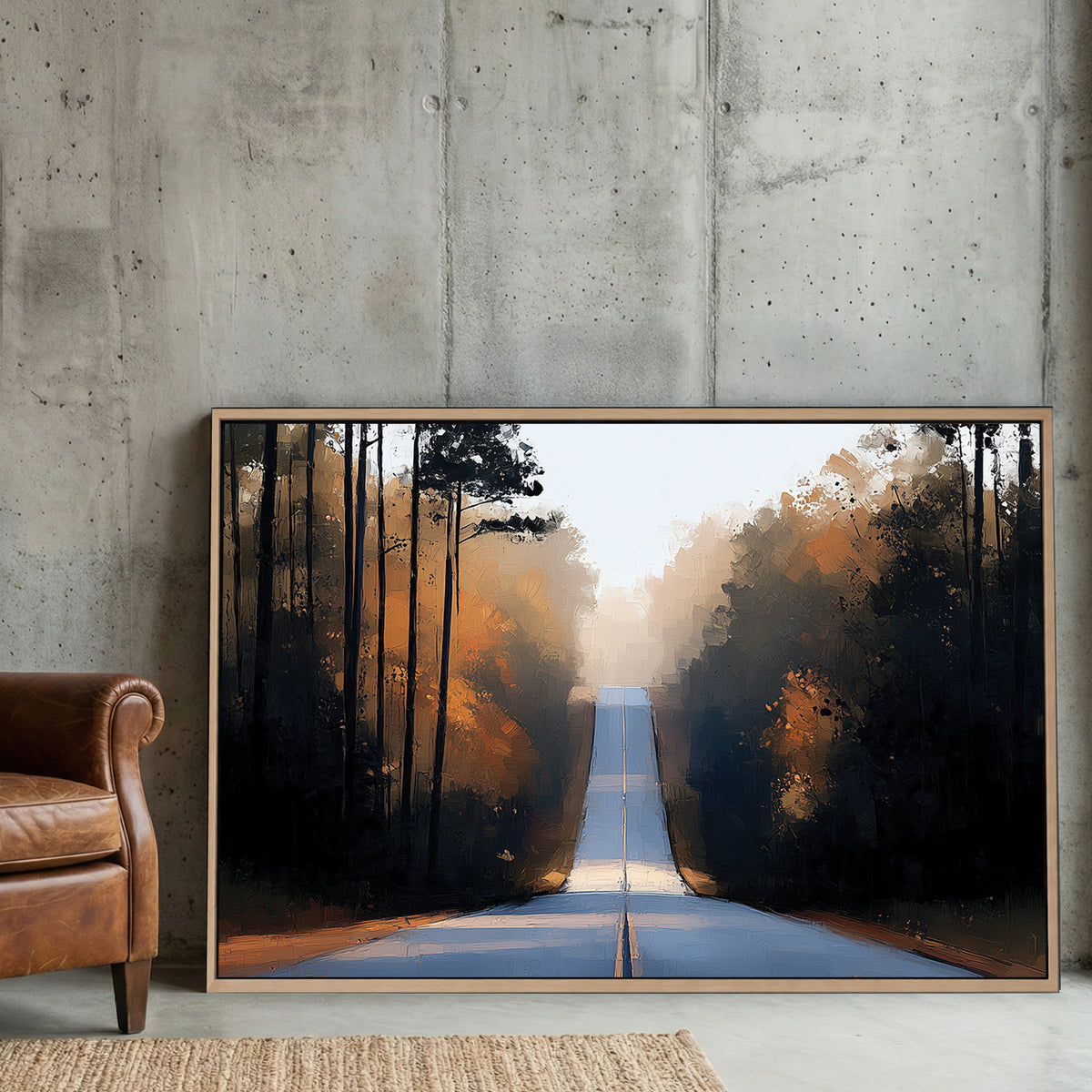 Forest road autumn landscape wall art with golden foliage