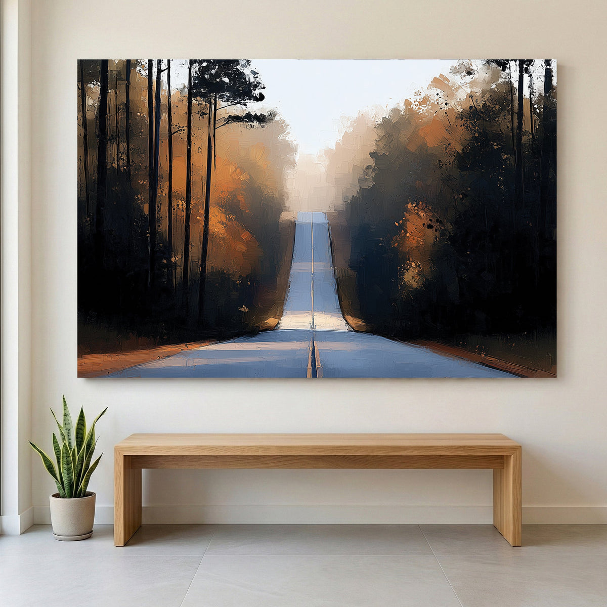 Forest road autumn landscape wall art with golden foliage