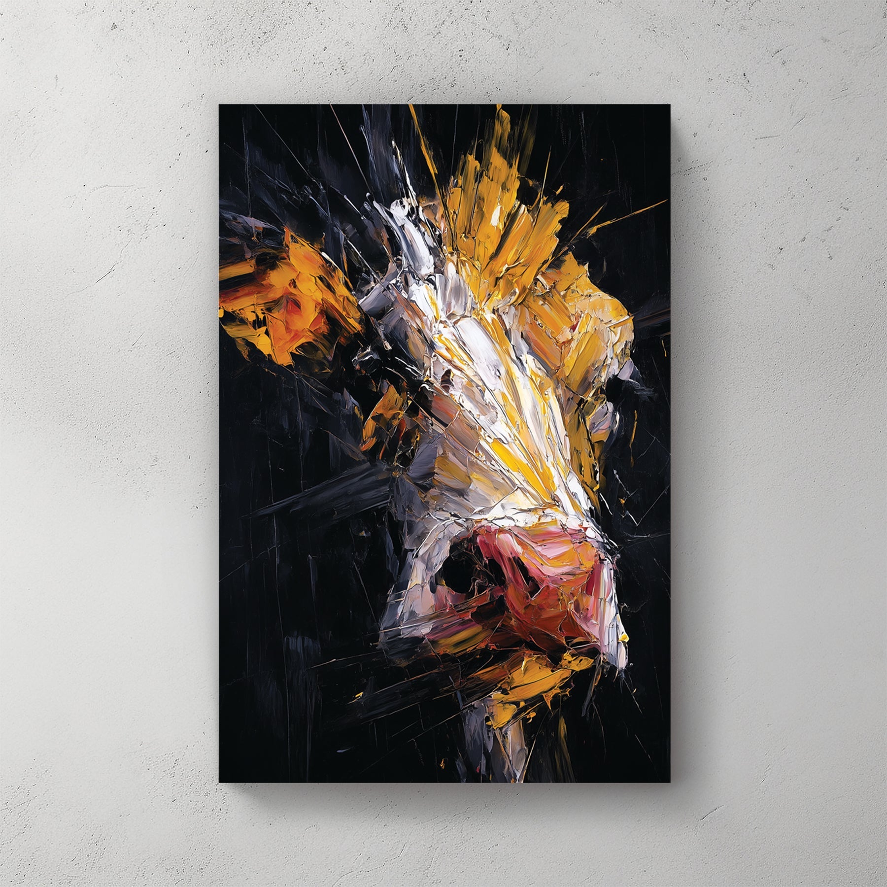 Abstract cow in mixed media with yellow, orange and dark tones