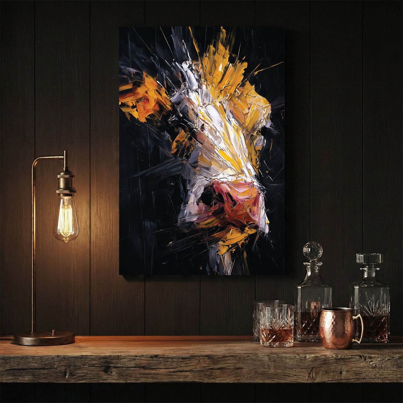 Abstract cow in mixed media with yellow, orange and dark tones