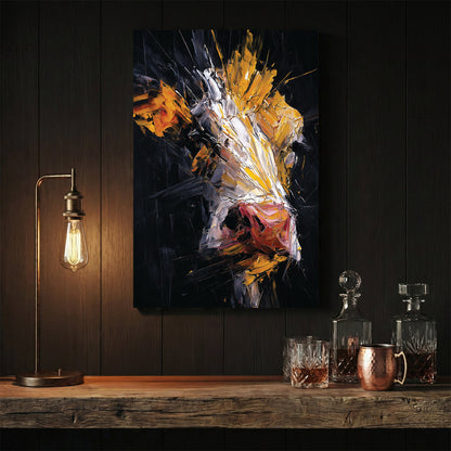 Abstract cow in mixed media with yellow, orange and dark tones